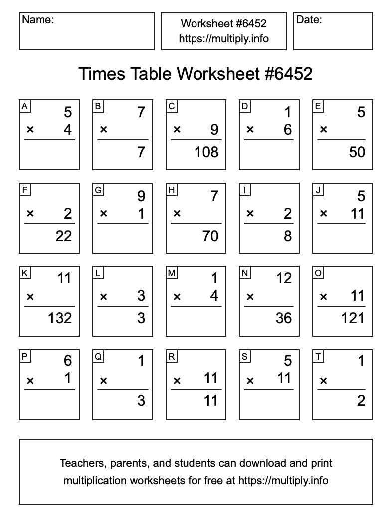 Times Table Worksheet #6452