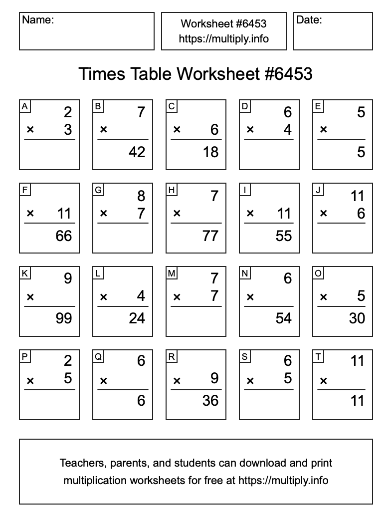 Times Table Worksheet #6453