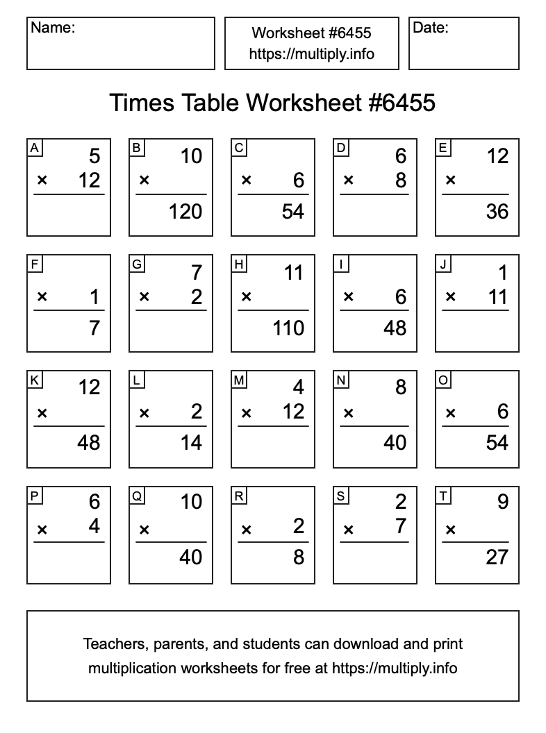 Times Table Worksheet #6455