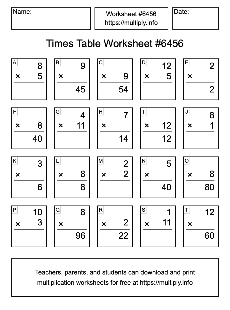 Times Table Worksheet #6456