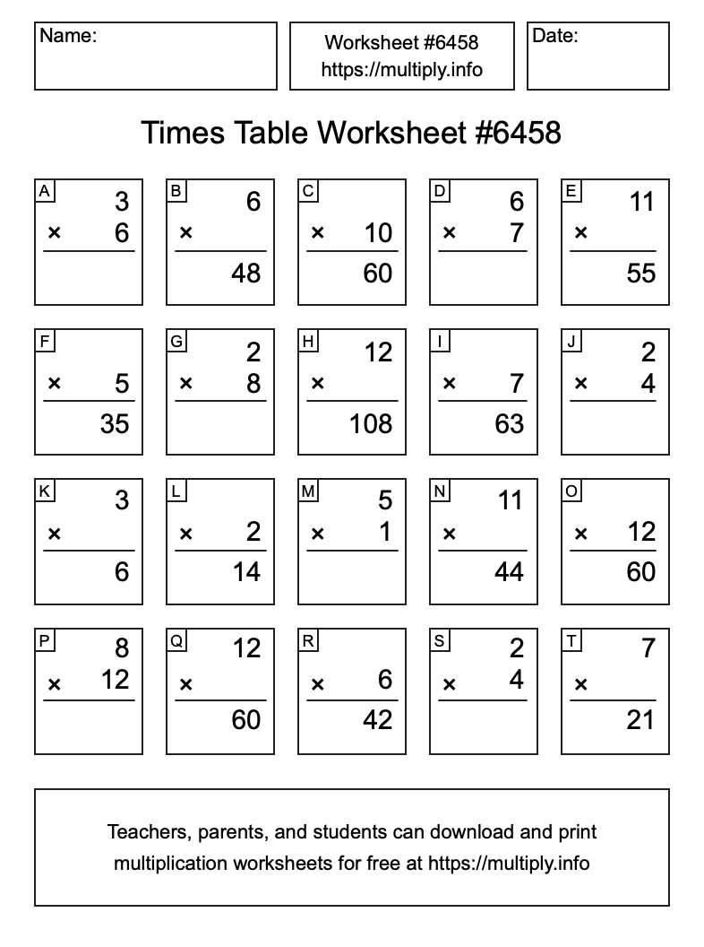 Times Table Worksheet #6458