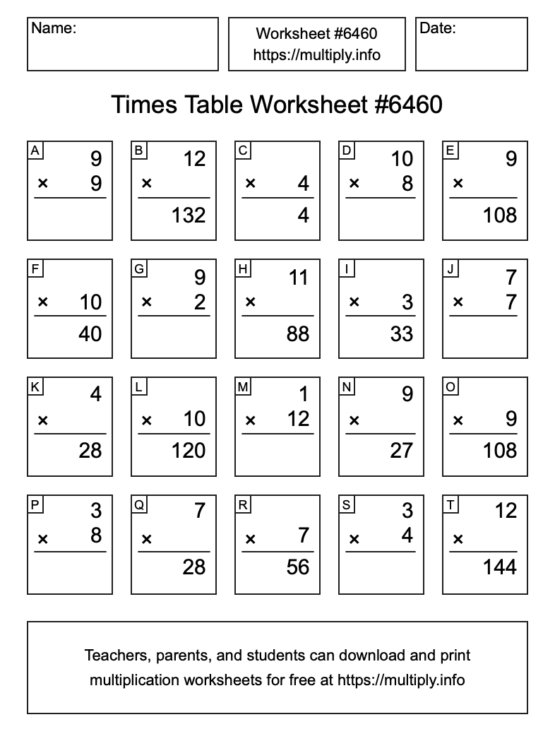 Times Table Worksheet #6460