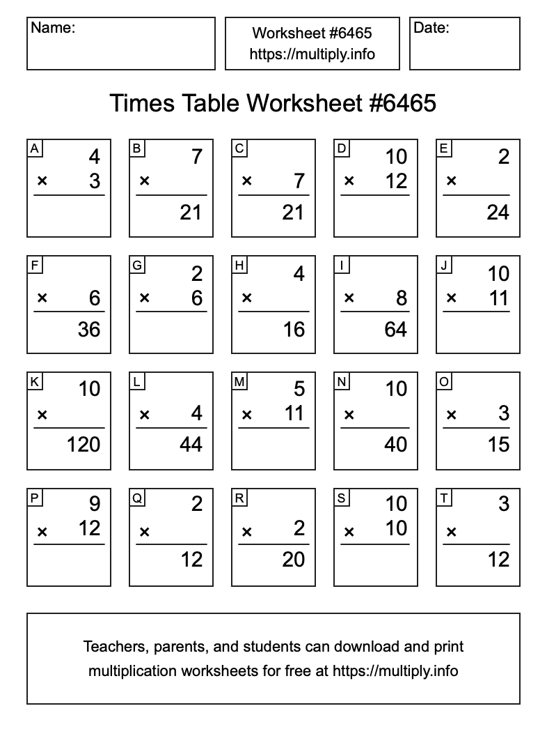 Times Table Worksheet #6465