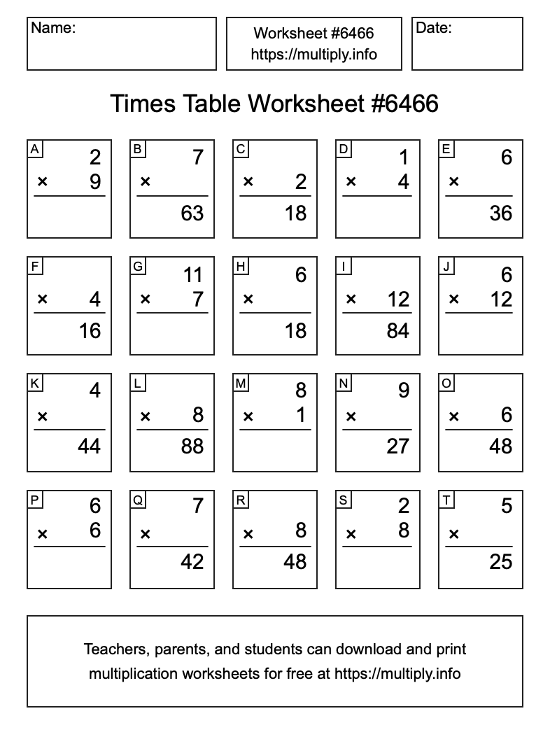 Times Table Worksheet #6466