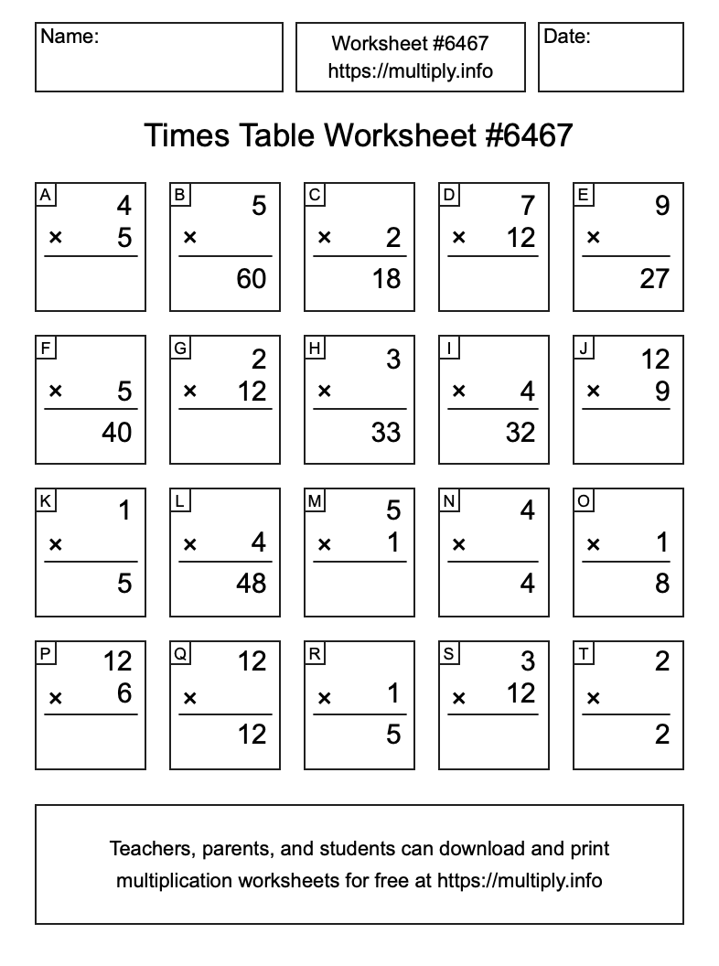 Times Table Worksheet #6467