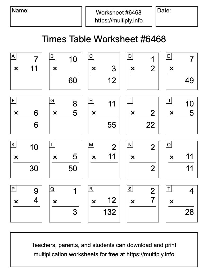Times Table Worksheet #6468