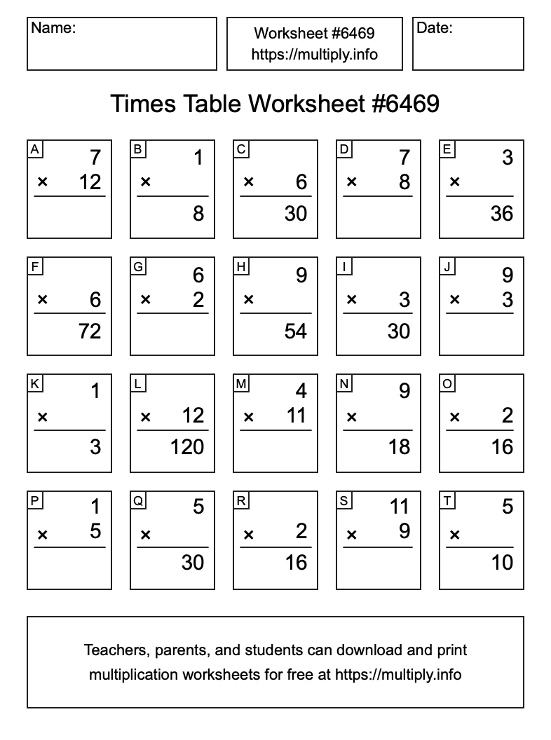 Times Table Worksheet #6469