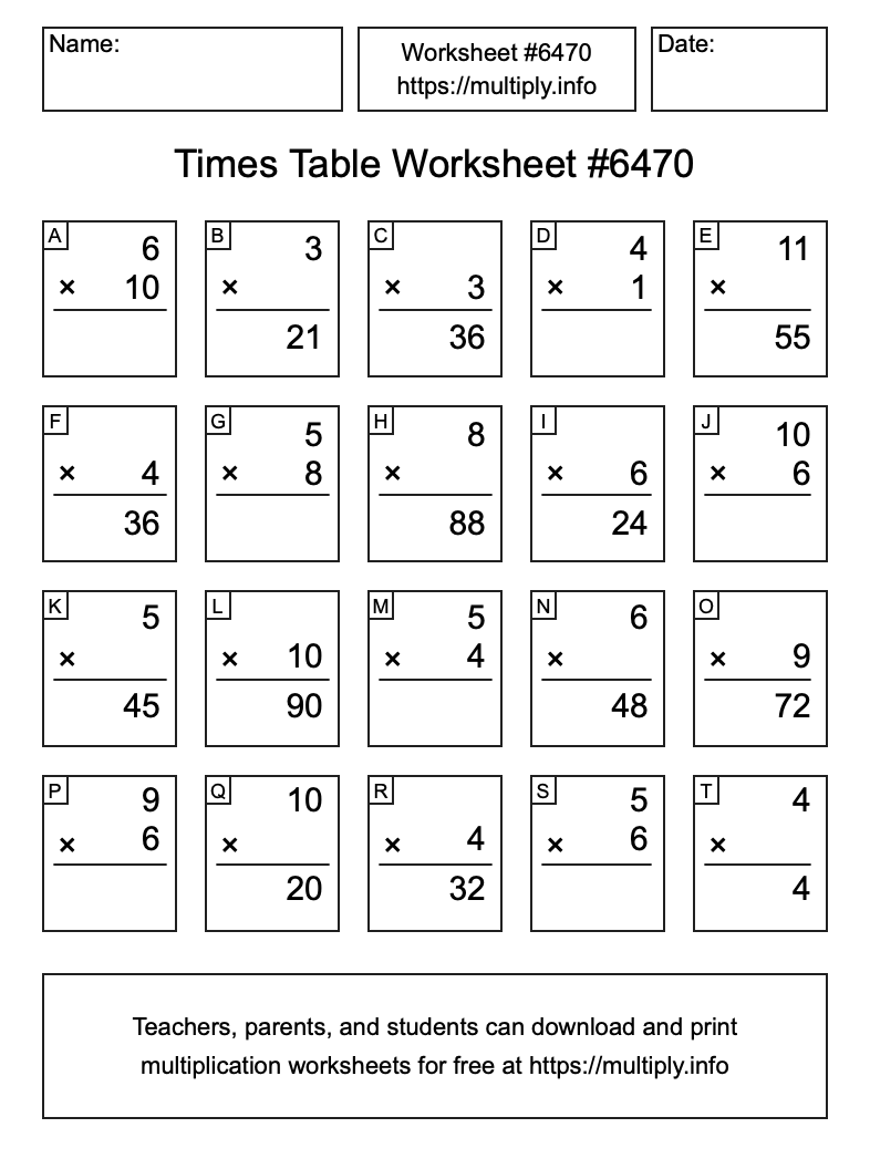 Times Table Worksheet #6470
