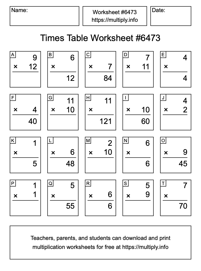 Times Table Worksheet #6473