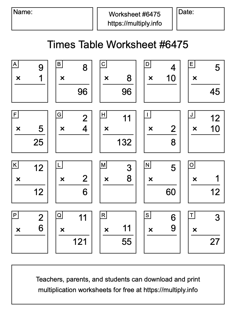 Times Table Worksheet #6475