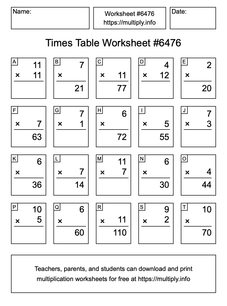 Times Table Worksheet #6476