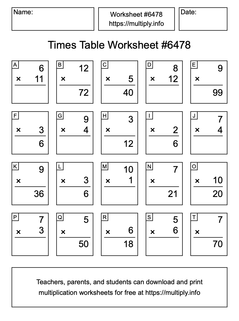 Times Table Worksheet #6478