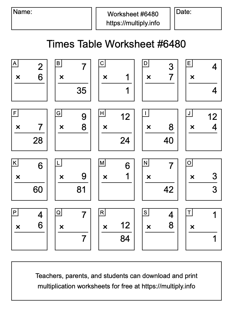 Times Table Worksheet #6480