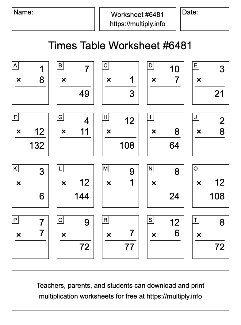Times Table Worksheet #6481