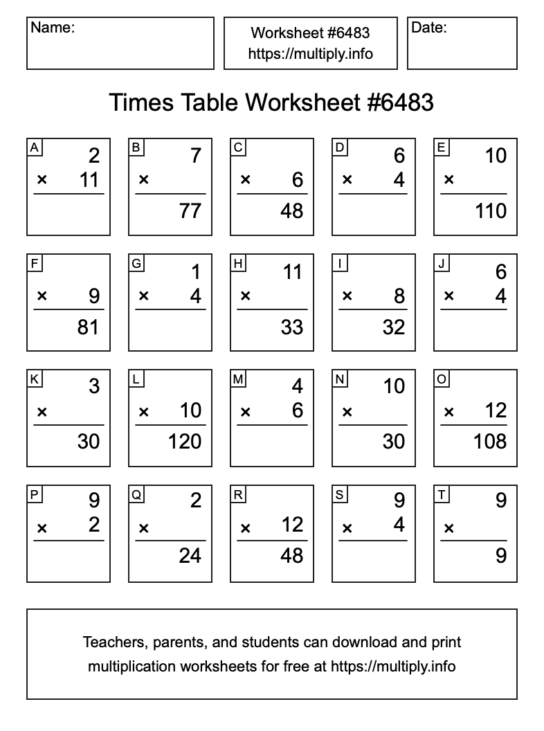 Times Table Worksheet #6483