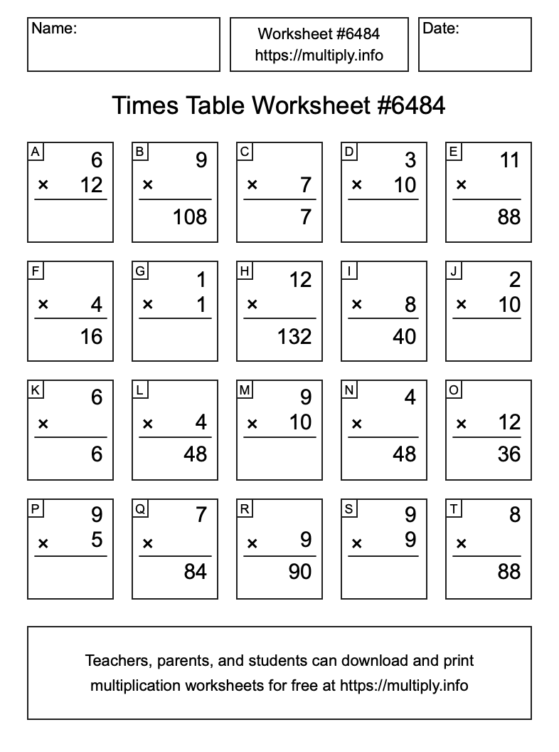 Times Table Worksheet #6484
