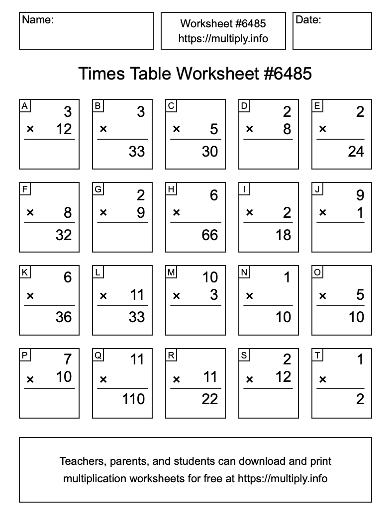 Times Table Worksheet #6485