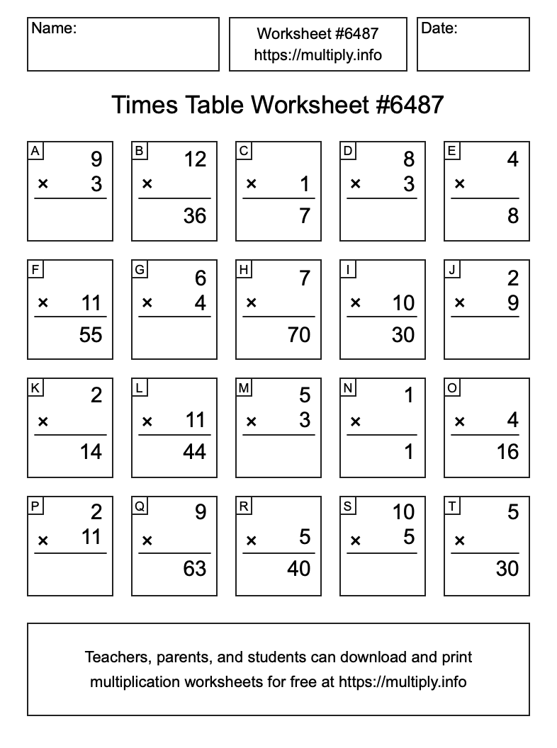 Times Table Worksheet #6487
