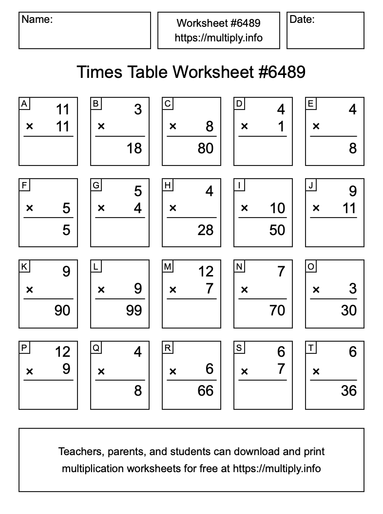 Times Table Worksheet #6489