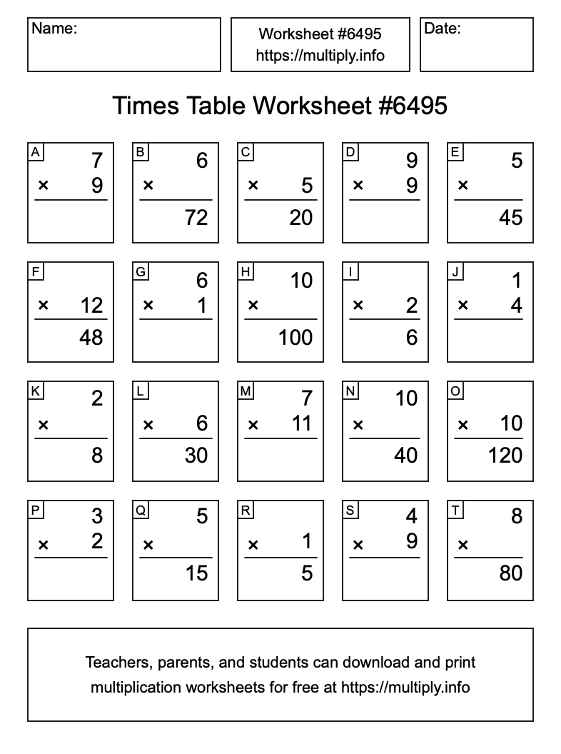 Times Table Worksheet #6495