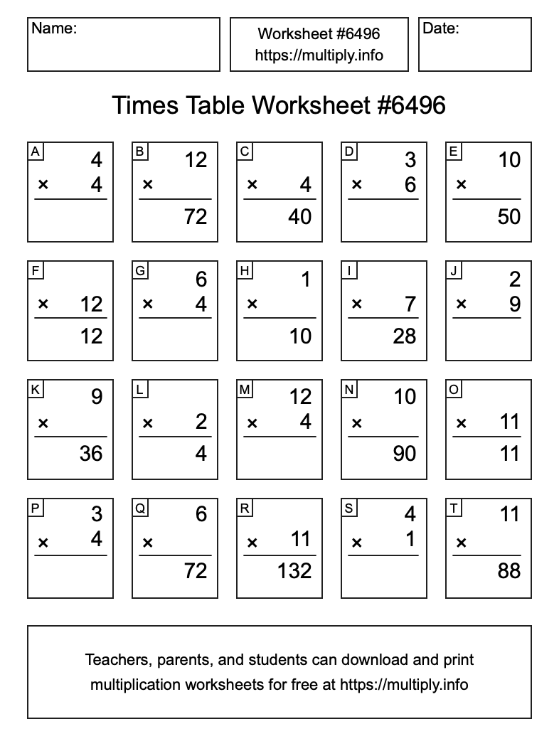 Times Table Worksheet #6496