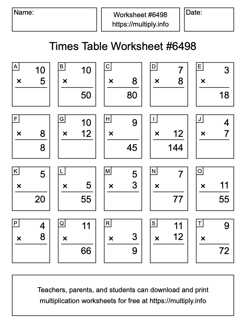 Times Table Worksheet #6498