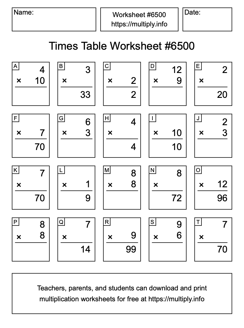 Times Table Worksheet #6500
