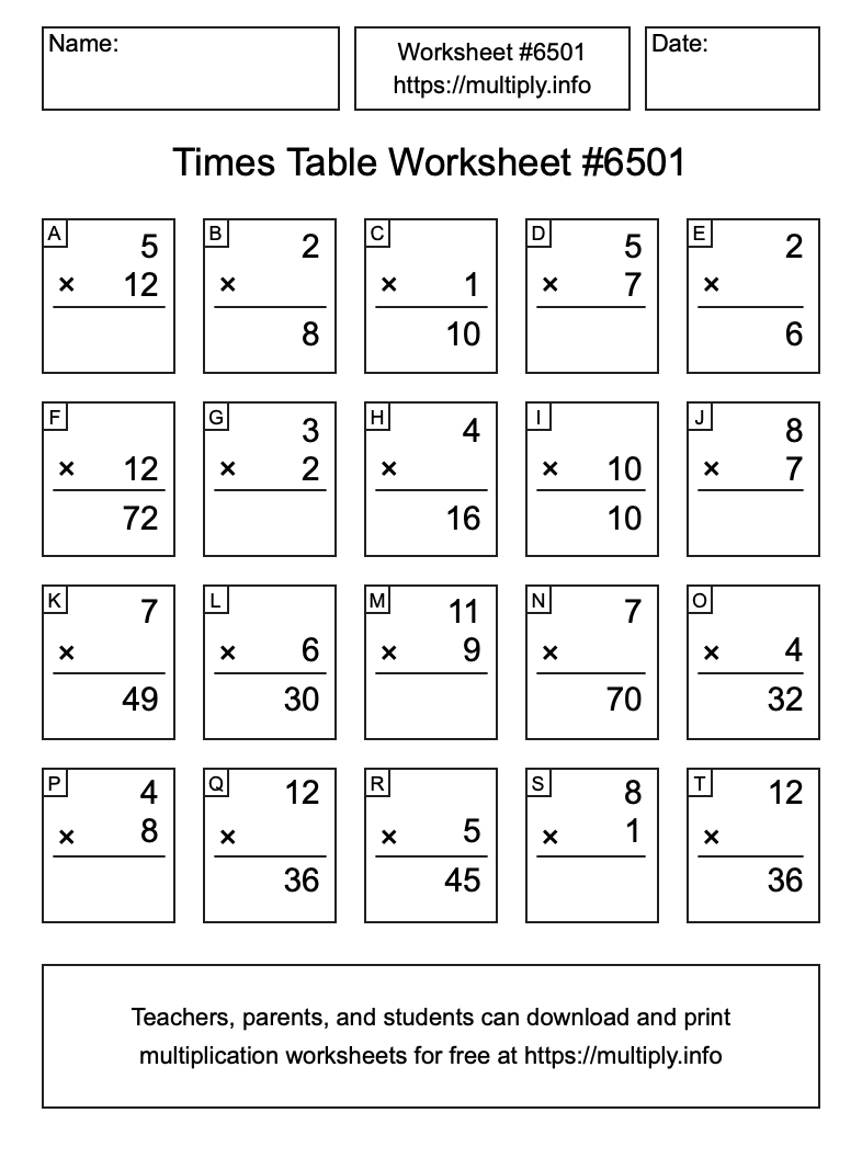 Times Table Worksheet #6501