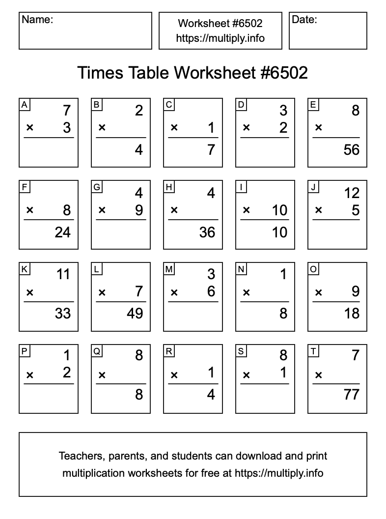 Times Table Worksheet #6502