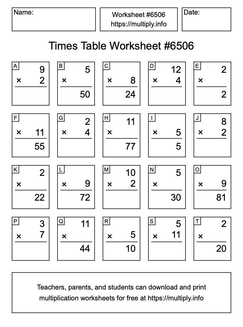Times Table Worksheet #6506