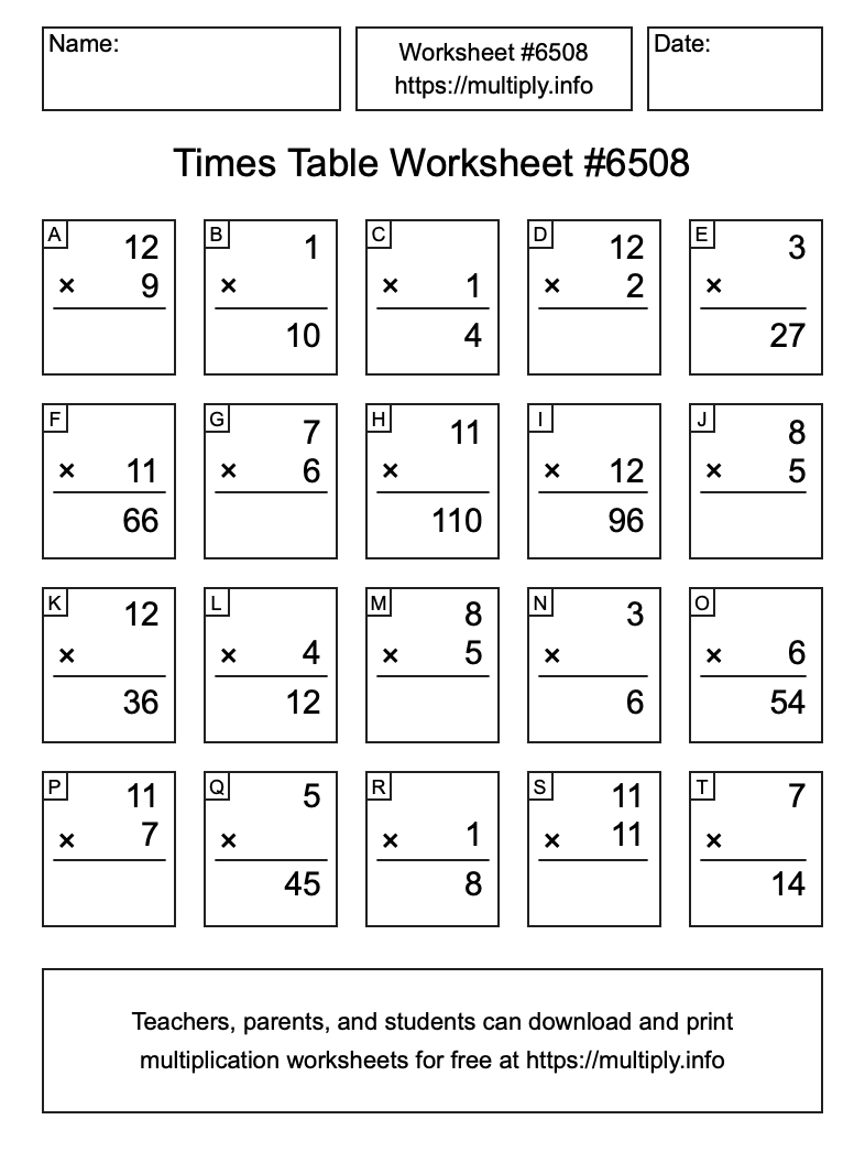 Times Table Worksheet #6508