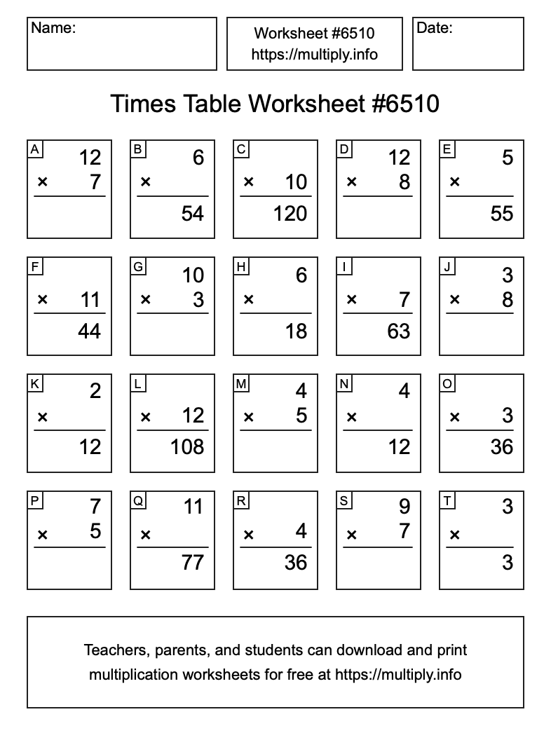 Times Table Worksheet #6510