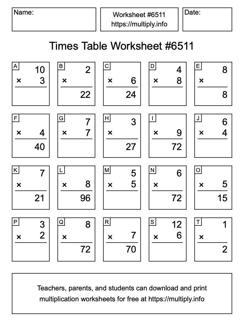 Times Table Worksheet #6511