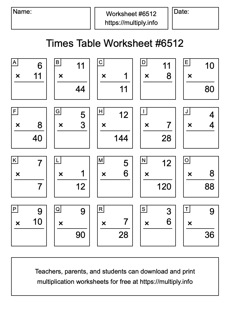 Times Table Worksheet #6512