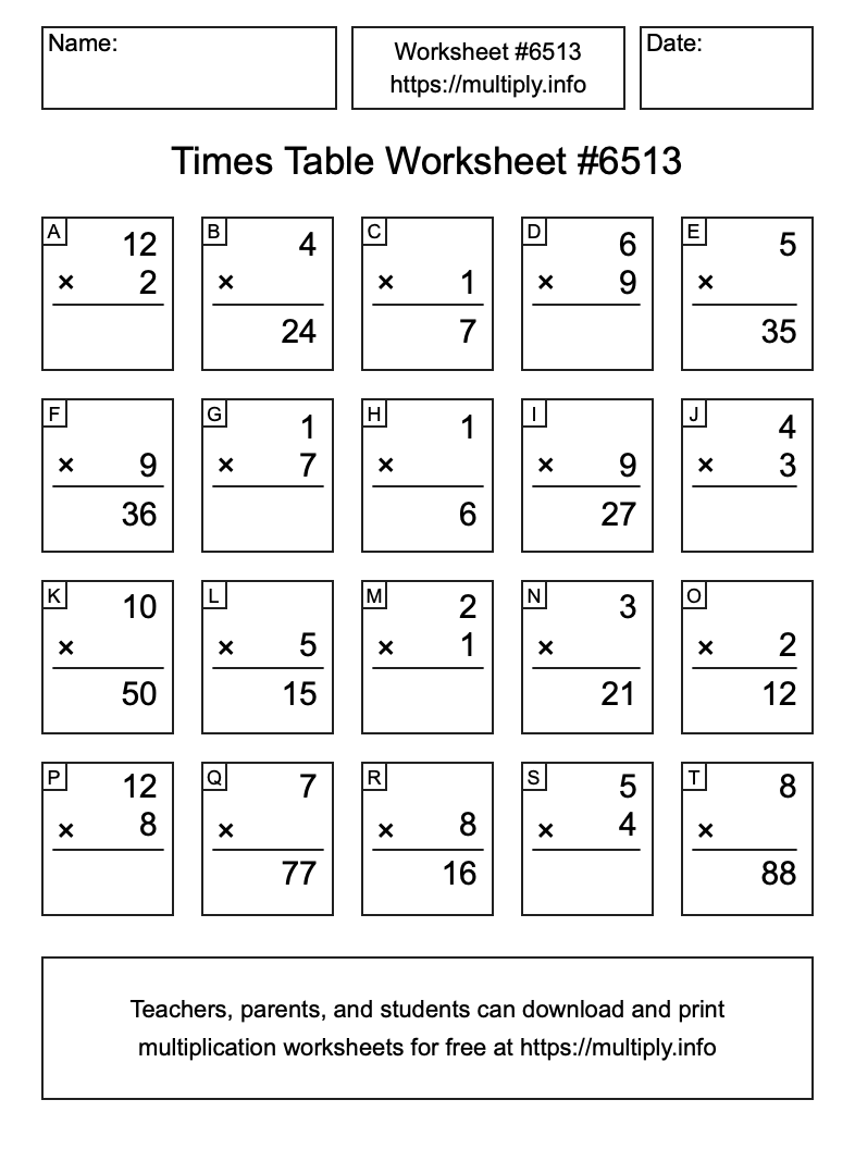 Times Table Worksheet #6513