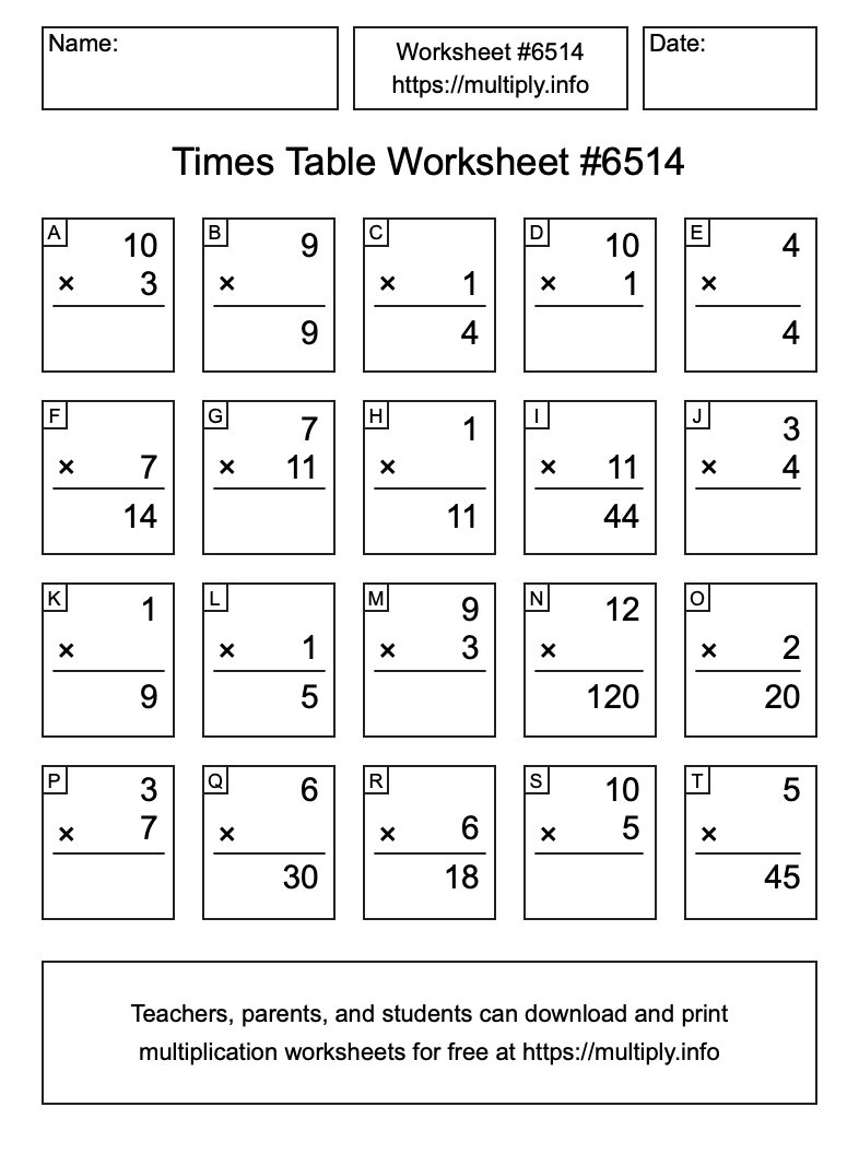 Times Table Worksheet #6514