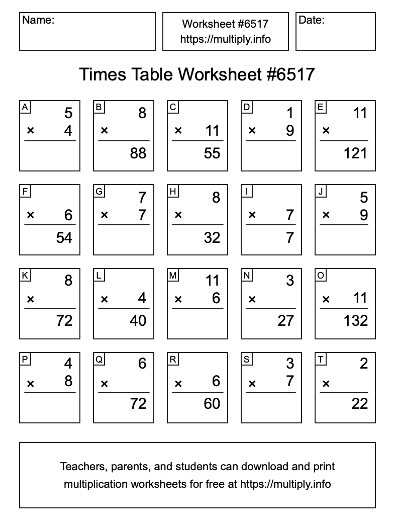 Times Table Worksheet #6517