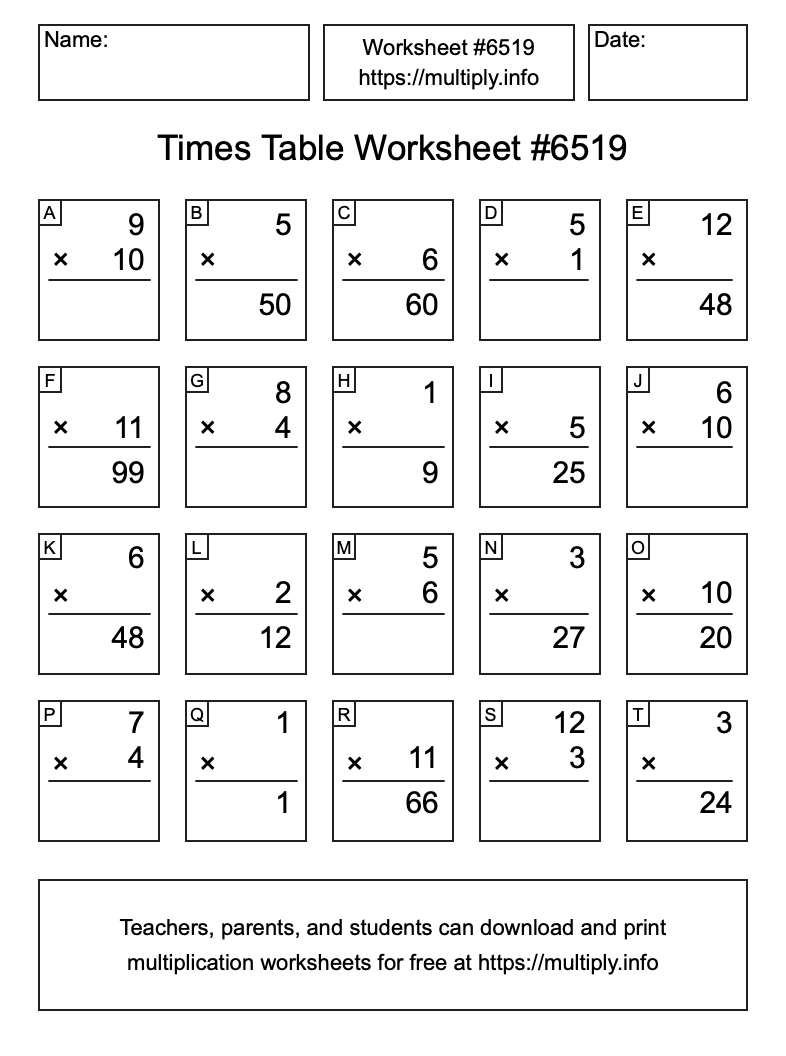 Times Table Worksheet #6519
