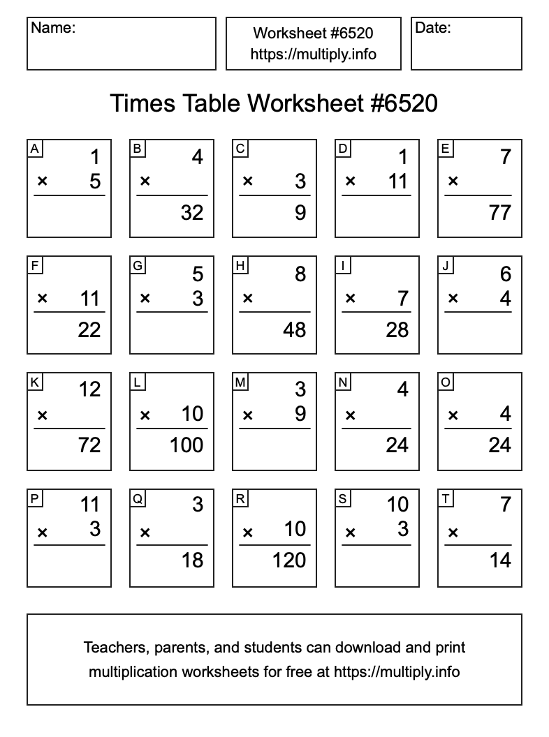 Times Table Worksheet #6520