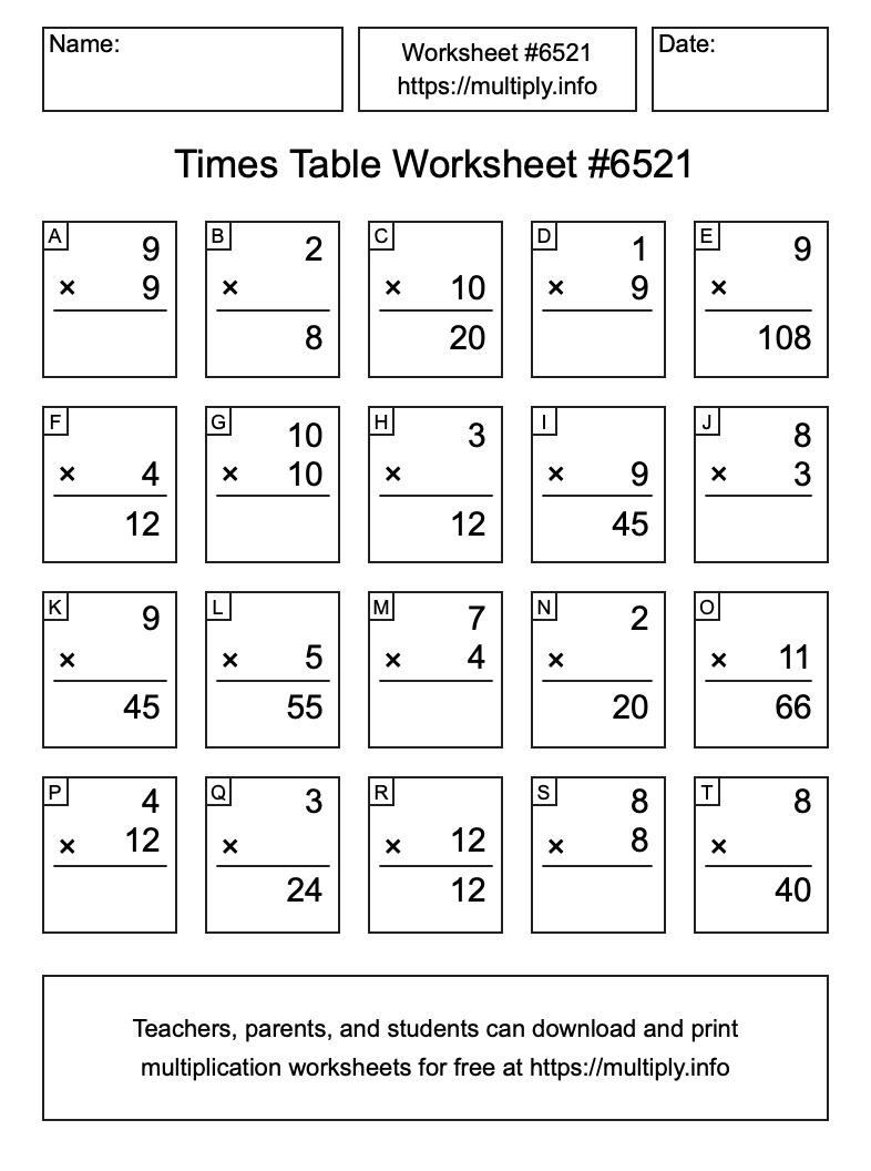 Times Table Worksheet #6521