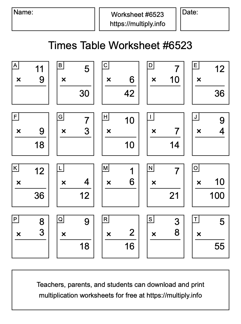 Times Table Worksheet #6523