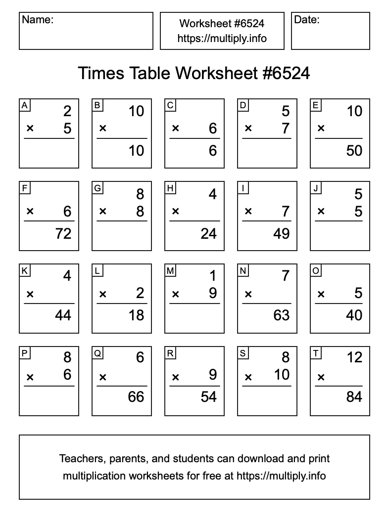 Times Table Worksheet #6524