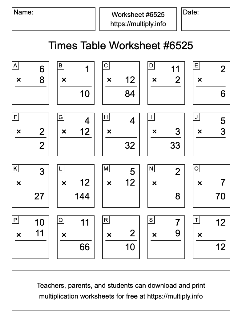 Times Table Worksheet #6525