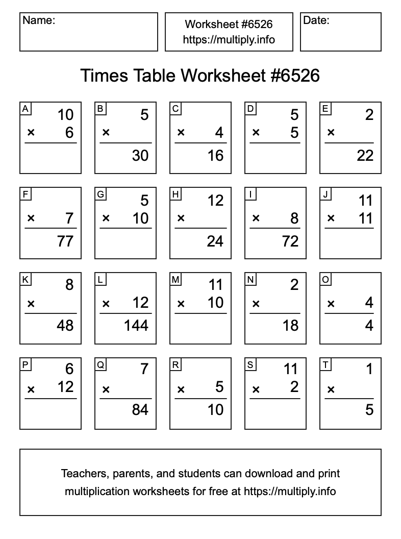 Times Table Worksheet #6526
