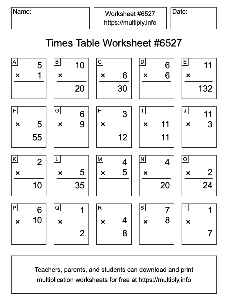 Times Table Worksheet #6527