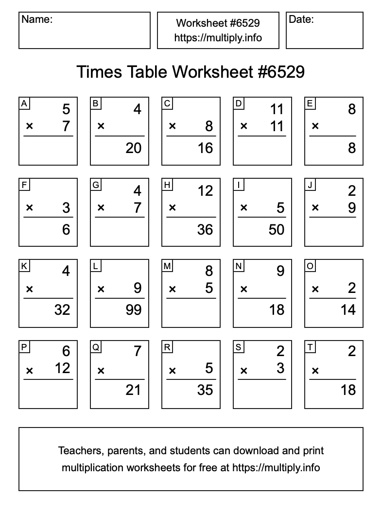 Times Table Worksheet #6529