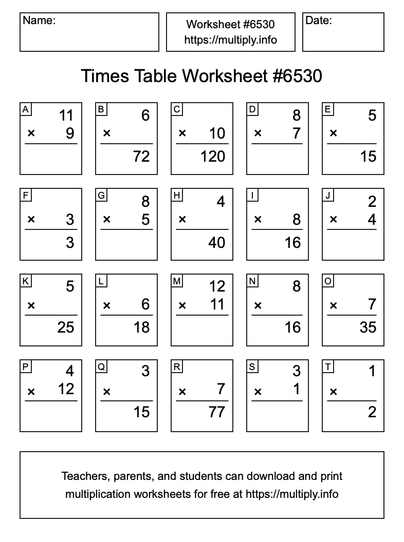 Times Table Worksheet #6530