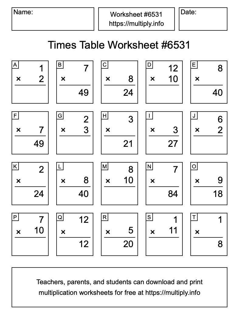 Times Table Worksheet #6531