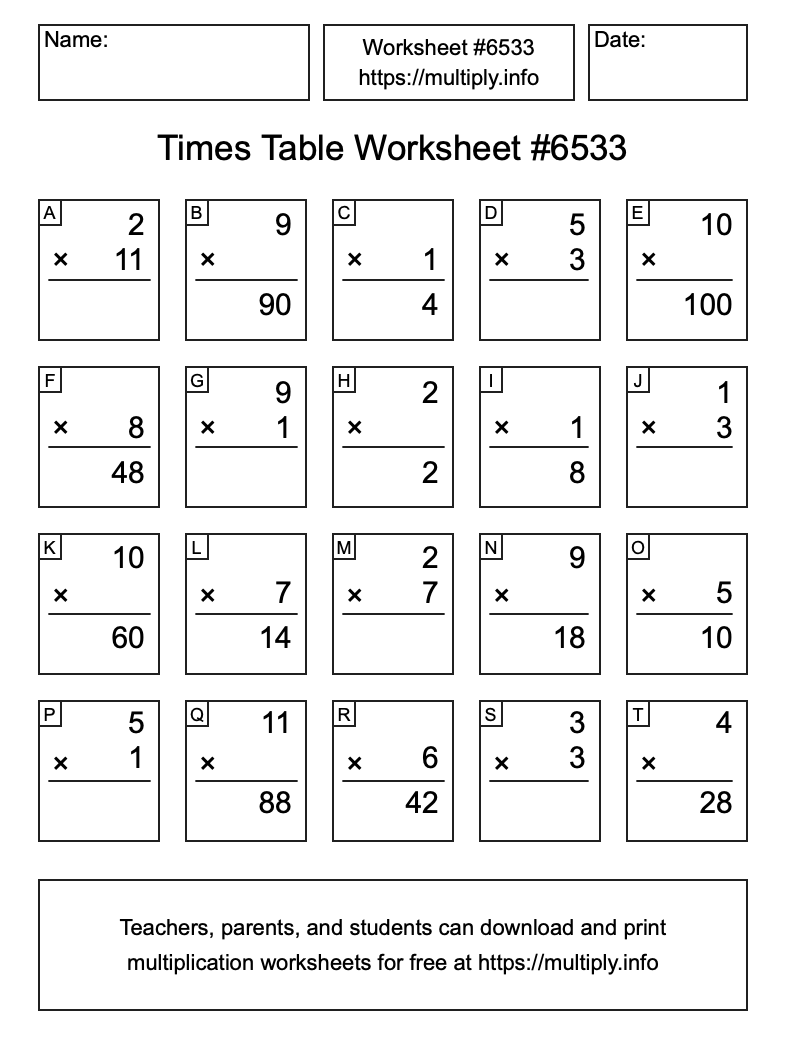 Times Table Worksheet #6533