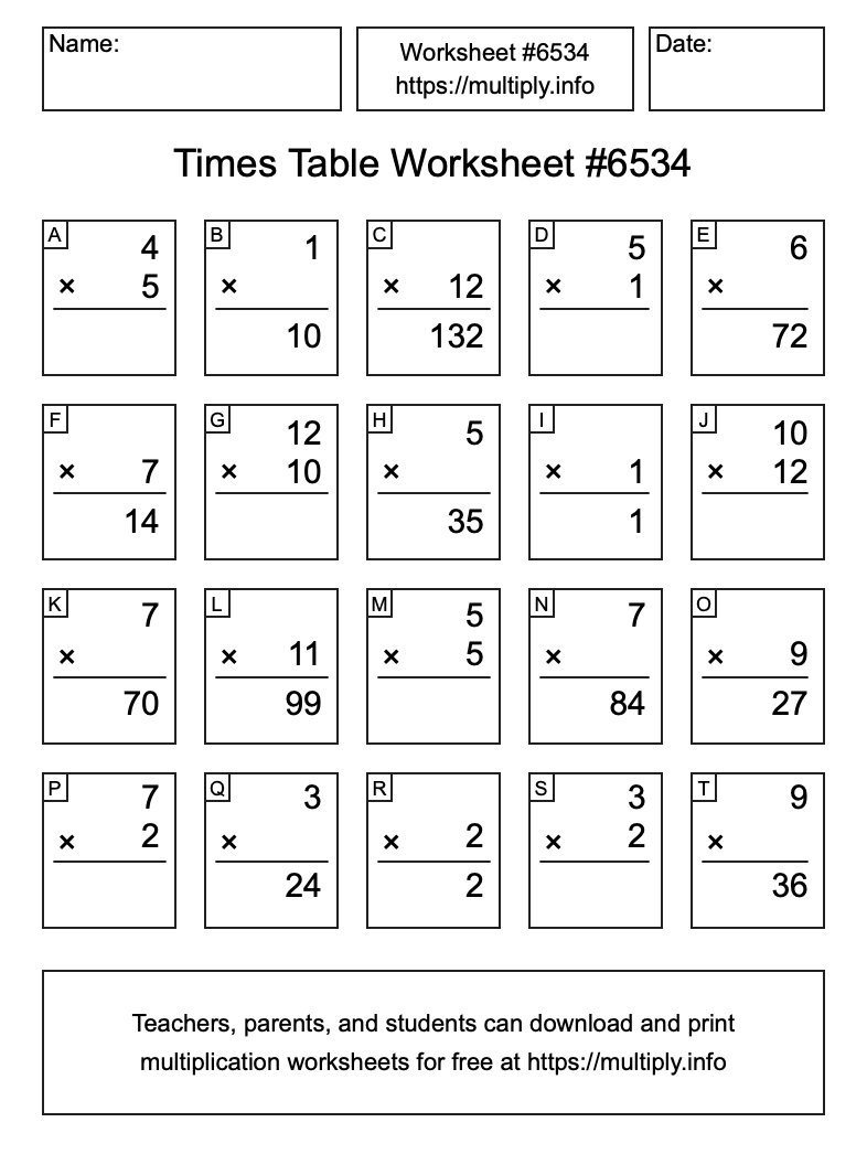 Times Table Worksheet #6534